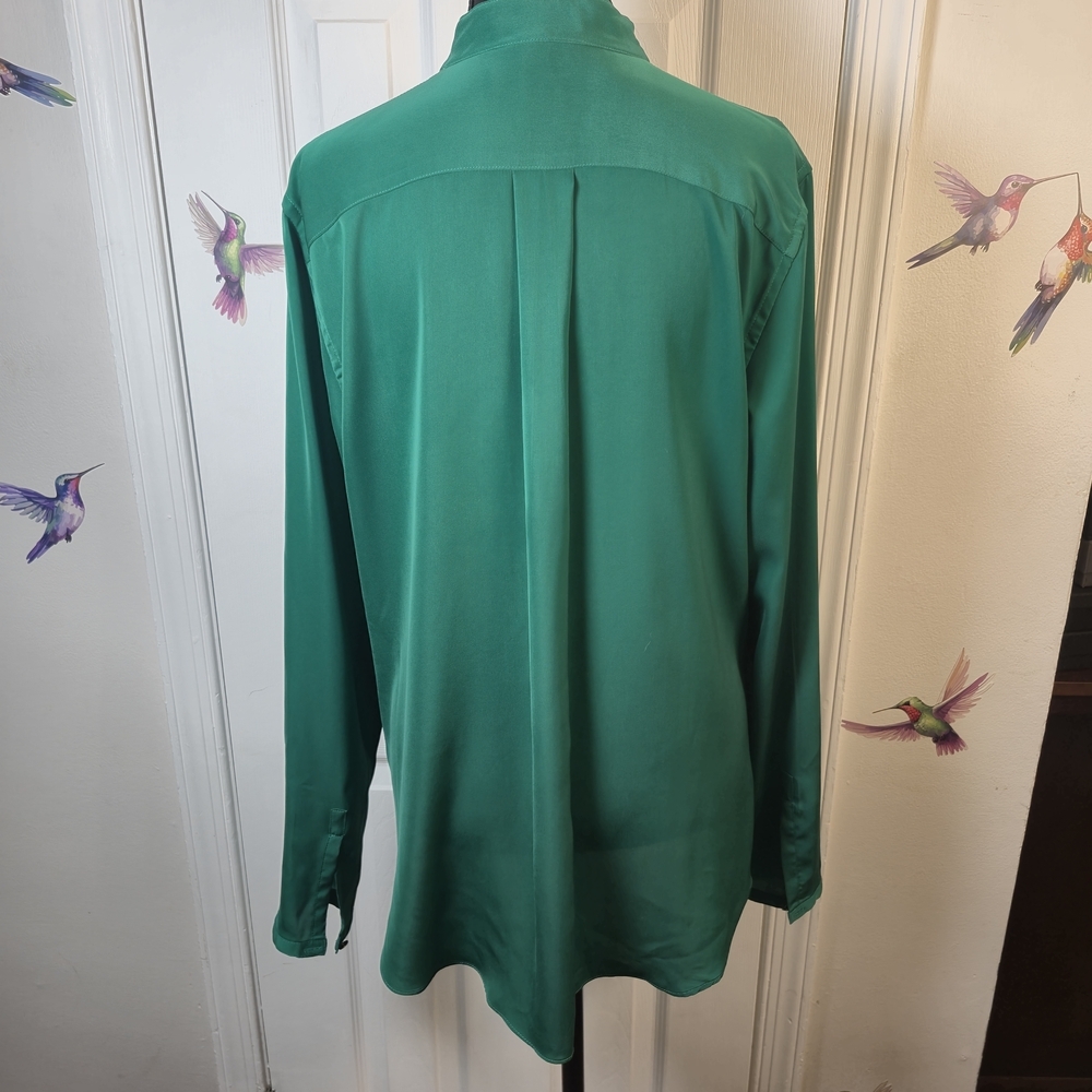 Lauren Ralph Lauren Emerald Green Satin Blouse Band Collar Half Zip Officecore L - Picture 2 of 9